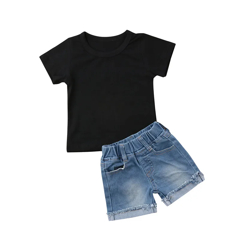 

2Pcs Set Kid Baby Boy Short Sleeve Solid Tops+Denim Shorts Jeans Clothes Outfits