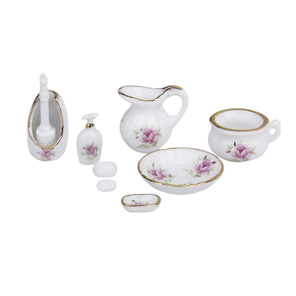 8PCS Decorative Floral Ceramic Bathroom Accessories Set for 1/12 Dollhouse
