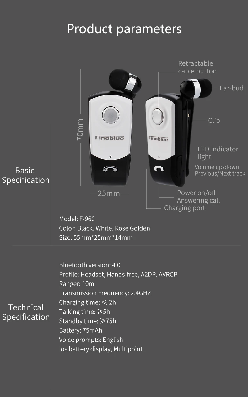 FINEBLUE F960, беспроводные Bluetooth наушники, оригинальные, свободные руки, портативность, масштабируемые наушники-вкладыши с зажимом для микрофона, наушники для телефона