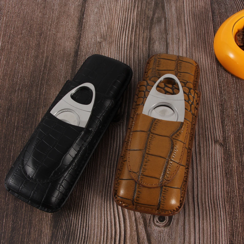 GALINER Leather Cigar Case Travel Crocodile Embossed 2 Tube Cigar Cutter Gift