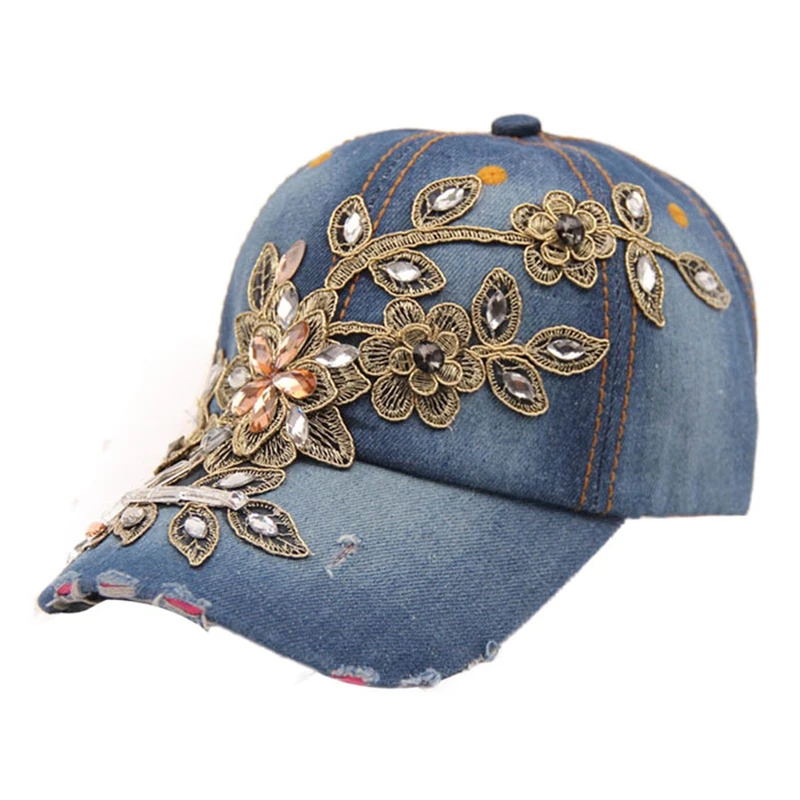 

2015 New Vogue Women Diamond Flower Baseball Cap Summer Style Lady Jeans Hats czapka z daszkiem