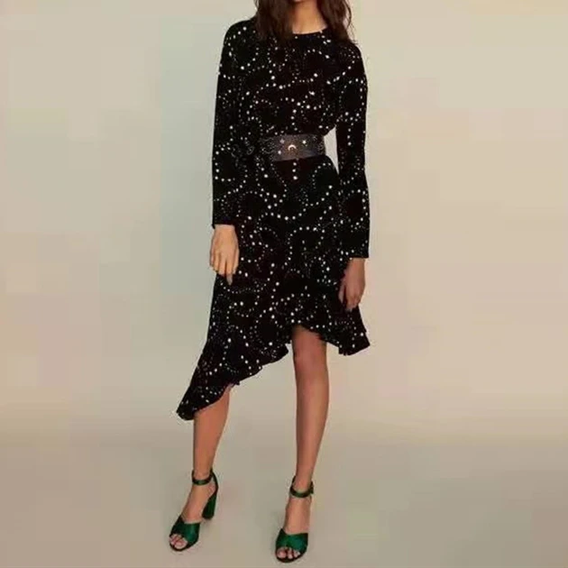 

Star Printed Asymmetric Black Dresses Autumn Long Sleeve Dress O Neck Irregular Dress Women