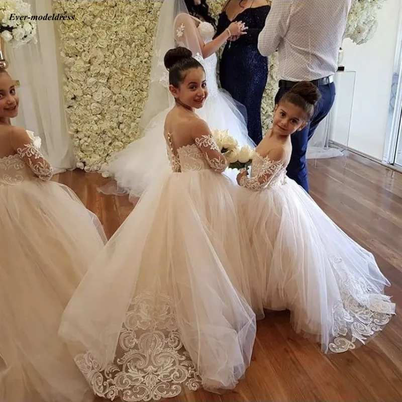 Свадебные платья цвета шампанского с цветочным узором для девочек; коллекция года; бальное платье с длинными рукавами и кружевной аппликацией; платья для первого причастия для девочек