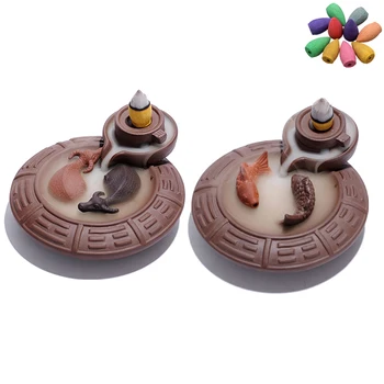 

Smoke Backflow Incense Burner Purple Clay Cone Stick Incense Holder Cattles Fish Living Tea Room Smell Removing Censer Burner