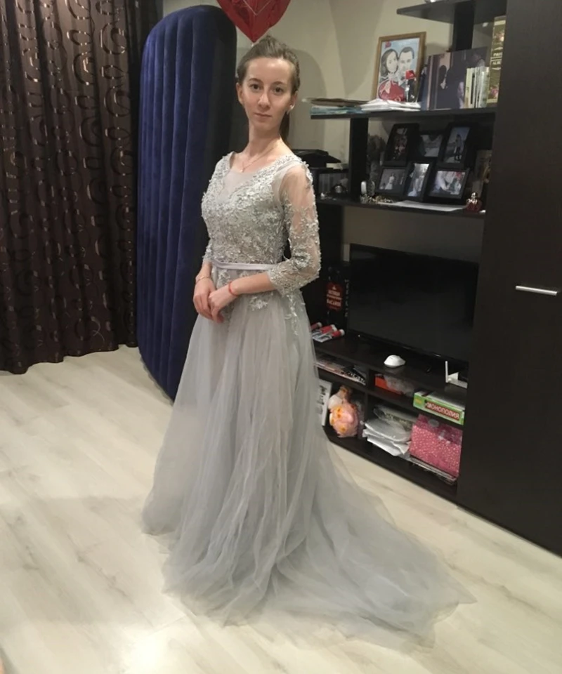 3/4 вечернее платье с рукавами кружева бусинами аппликации длинное Vestido de Festa