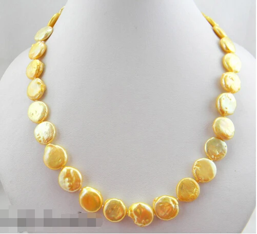 

shipping 17''14mm coin golden freshwater pearl necklace