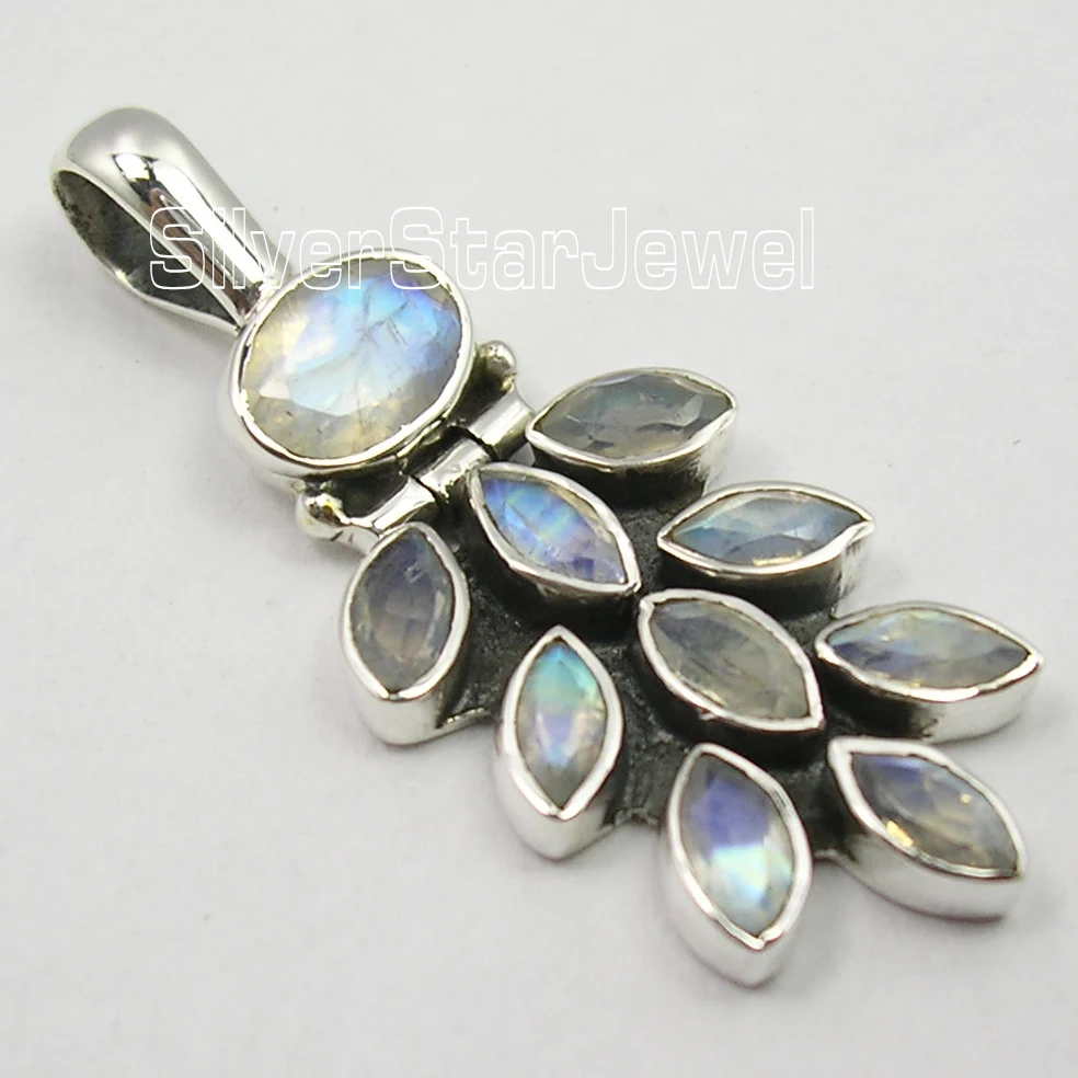 

Pure Silver BLUE FIRE RAINBOW MOONSTONE OXIDIZED GRAPES Pendant 1 1/2 inches