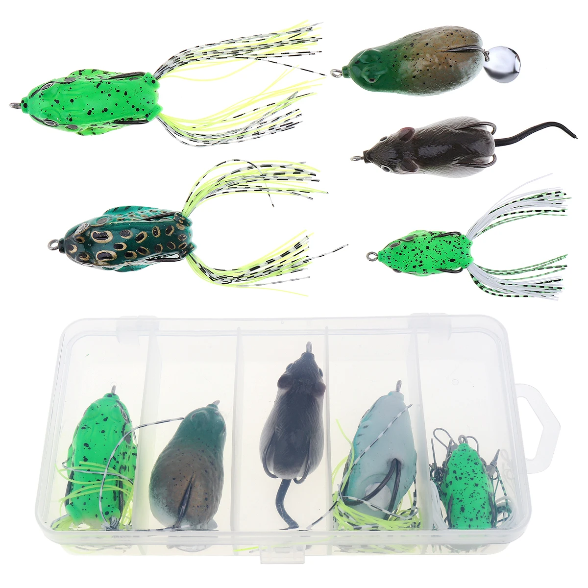 

Fishing Lures Suit 5pcs High Simulation Frog & Rat Baits + 2pcs Wire Line + 5pcs B Type Pin +1 Durable Lure Box Super Value Suit