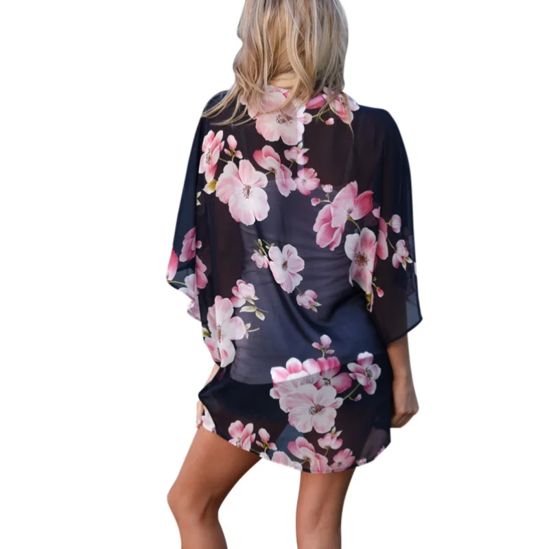2018 Women Fashion Summer Blouse See Through Ladies Vintage Floral Print Chiffon Kimono Cardigan Casual Beach Shawl