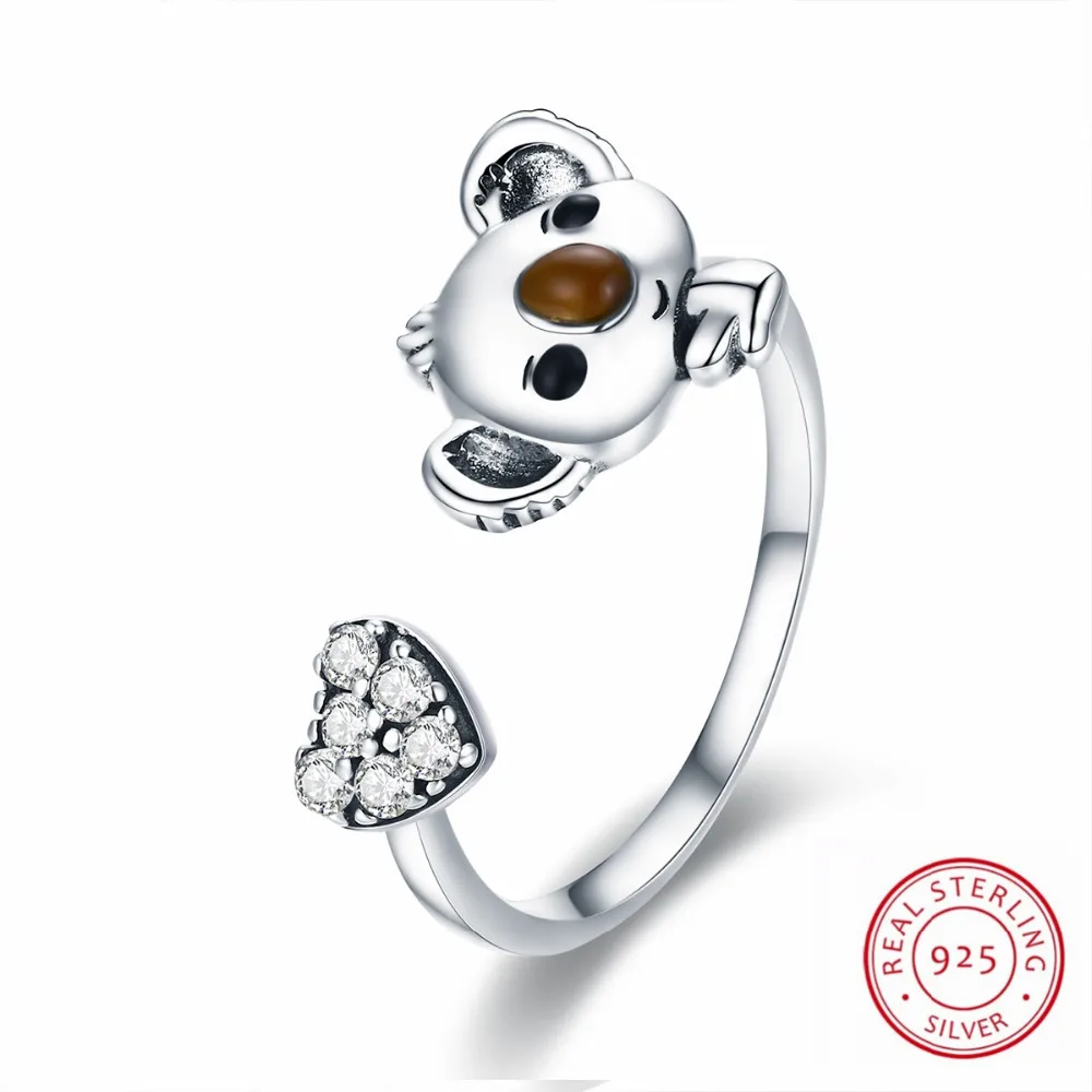

Lovely Koala Rings 100% Real 925 Sterling Silver Open Ring Adjustable Sterling Silver Jewelry Free Size for Women Anel Gifts