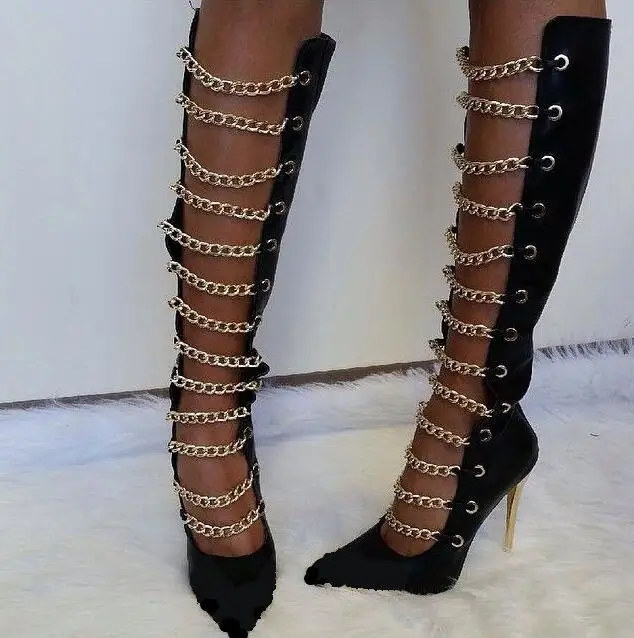 Gladiator Style Gold Chain Straps Women Knee High Boots Bright Black ...
