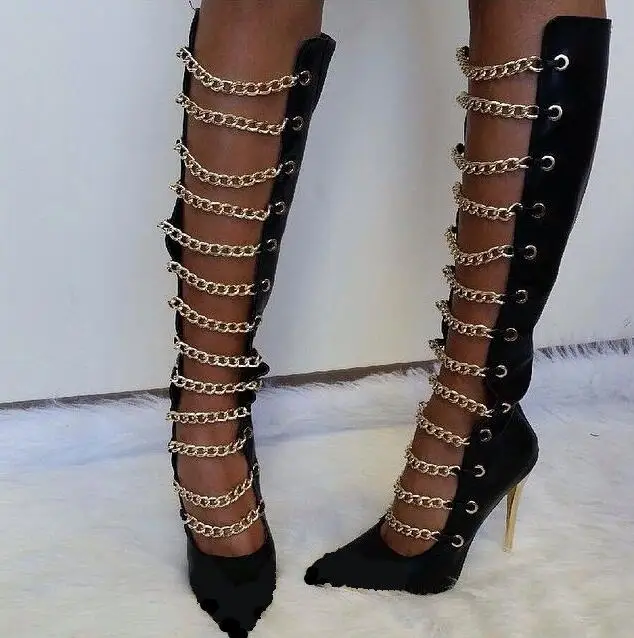 knee high boots with gold heel