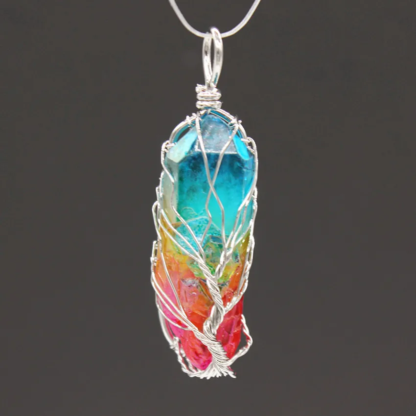 

Trendy-beads Silver Plated Wire Wrap Irregular Shape Colorful Crystal Pendant Ethnic Style Jewelry