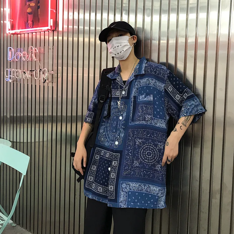 Размера плюс, винтажная Бандана с принтом, больше размера, свободная уличная блузка хараджуку, корейская модная рубашка, хип-хоп Повседневный японский Топ