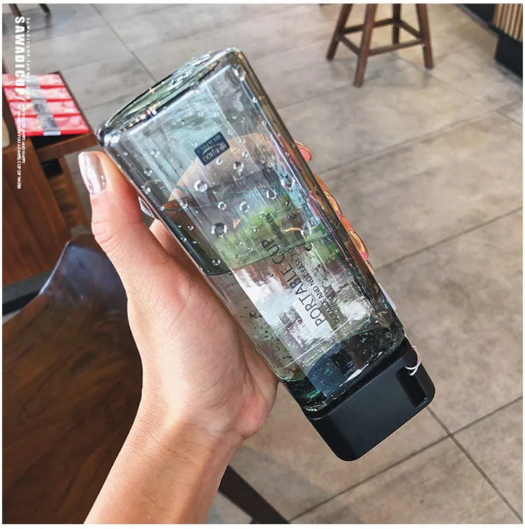 300ml Small Square Plastic Water Cup with Lid Portable Female Student Summer Hand Cup Leakproof Simple Transparent Bottles
