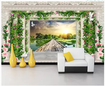 

Custom 3d wallpaper 3d wall murals wallpaper Flower mural rattan European Roman column wooden bridge beautiful scenery wallpaper