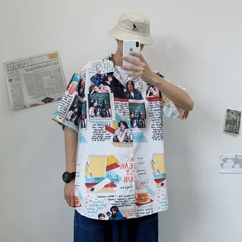 

2019 Summer Men Casual Loose Arts Letter Printing White Cotton Camisa Turn-down Collar Short Sleeve Hawaiian Shirt Homme M-XL