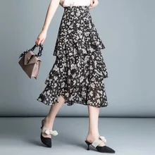 Женская печатная Женская плиссированная юбка с оборками до середины икры Новая летняя Весенняя Милая шифоновая вуаль Женская юбка