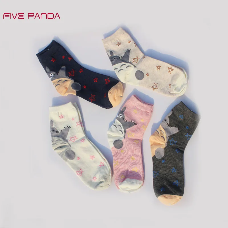 

[5pairs =1 lot]FIVE PANDA 2017 Cotton Cartoon Totoro Print Socks Women Casual Print Cute Tube Socks Ankle Length Socks CNW007