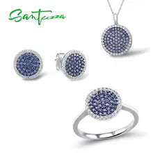 SANTUZZA Серебряный набор украшений для женщин синий черный CZ Круглый Круг Кольцо Серьги Кулон Набор 925 пробы серебряные модные ювелирные изделия