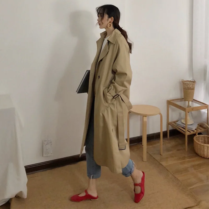 Цвет хаки Ветровка женская 2019 Осень корейский стиль двубортные свободные дамы с