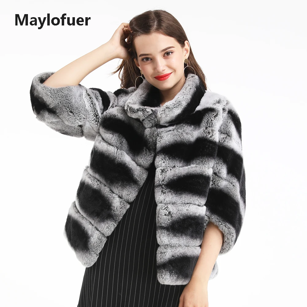 

Maylofuer Women Winter Rex Rabbit Fur Coat Short Style Bat Sleeves Classic Chinchilla Color Lady Fur Coats Overcoat Outwear