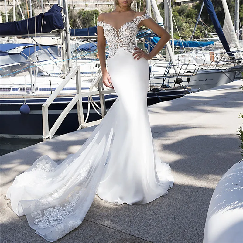 

Sexy Mermaid Off Shoulder Wedding Dress Watteau Ruffle Train Back Illusion Button Zipper Bridal Dress Lace Flower Free Shipping