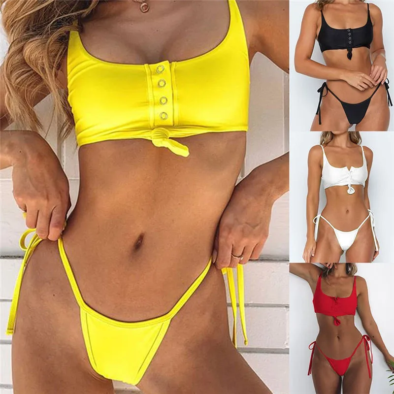 

vikinis para mujer 2019 Women Push-Up Padded Bra Beach Solid Button Bandage Bikini Set Swimsuit Swimwear bikini set push up