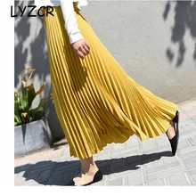 LYZCR, Длинная желтая плиссированная юбка, женская летняя юбка с эластичной талией и высокой талией, винтажная Свободная Женская плиссированная юбка