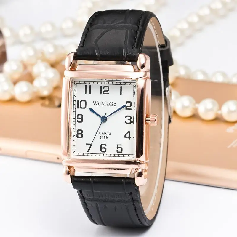 Мода WOMAGE для женщин Классическая квадратная форма рисунок PU ремешок для часов наручные кварцевые часы Relogio Feminino Montre Femme hv5n - Цвет: Черный