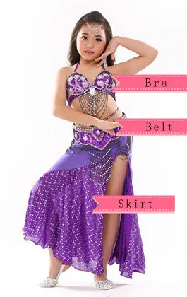 Стиль, костюм для танца живота, одежда, детская одежда для танца живота, детская одежда для индийских танцев, 2 шт.-3 шт., бюстгальтер, пояс и юбка, 8 цветов - Цвет: Purple 3pcs