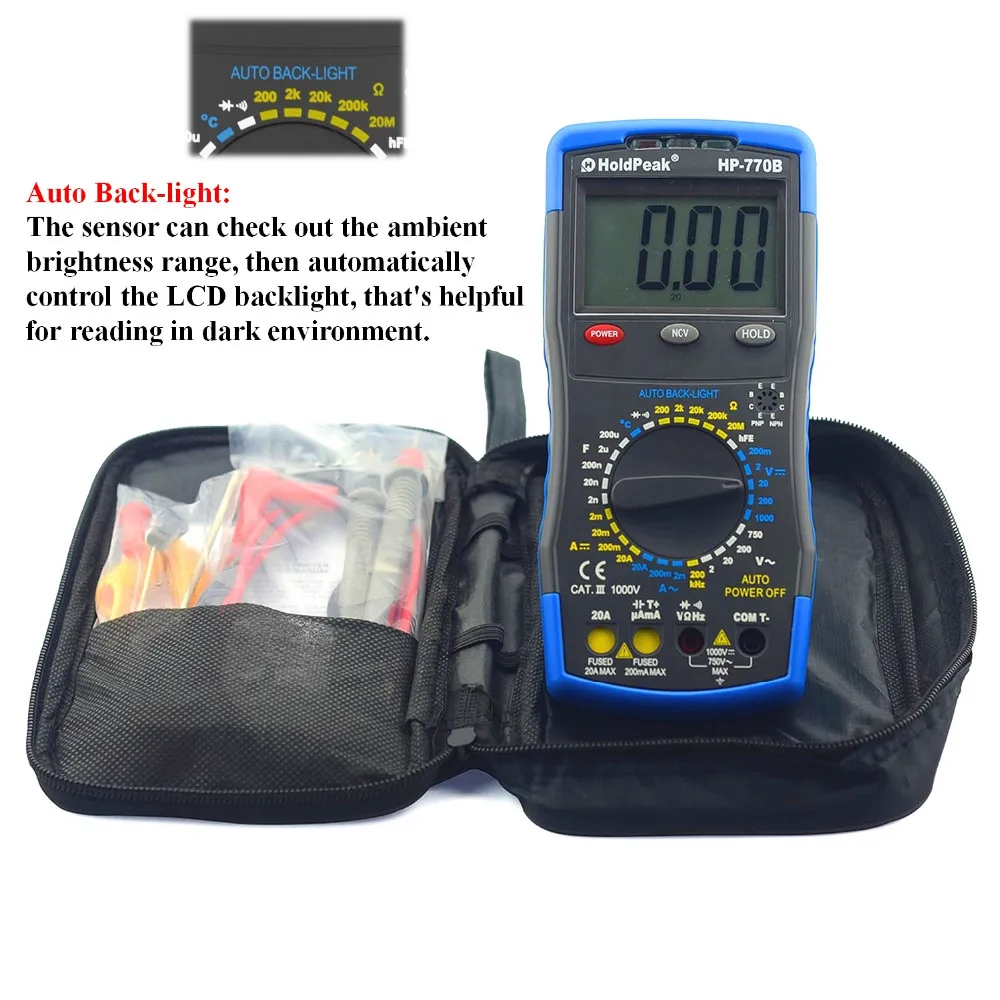 

Ture rms HoldPeak HP-770B Digital Multimeter Meter with NCV Feature and Frequency/Dide/hFE Test