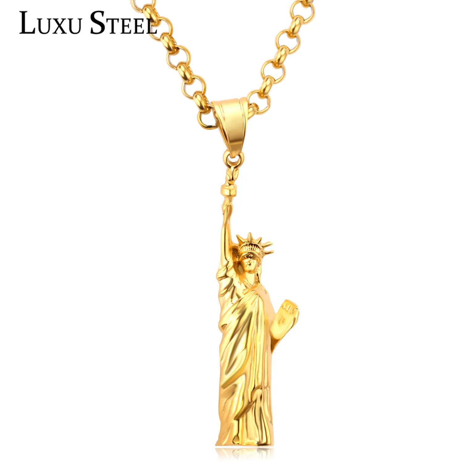 LUXUSTEEL American Rebel Statue Of Liberty Pendant Necklace Gold Color Stainless Steel Men/Women