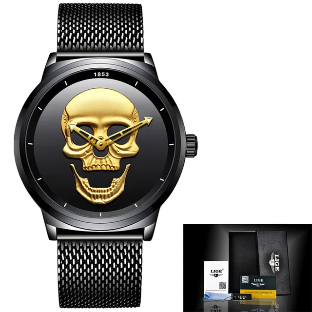 2022 Cool Punk 3D Skull Men Watch Brand LIGE Luxury Steel Quartz Men Watches Waterproof Retro Fashion Gold Black Clock Relogio 