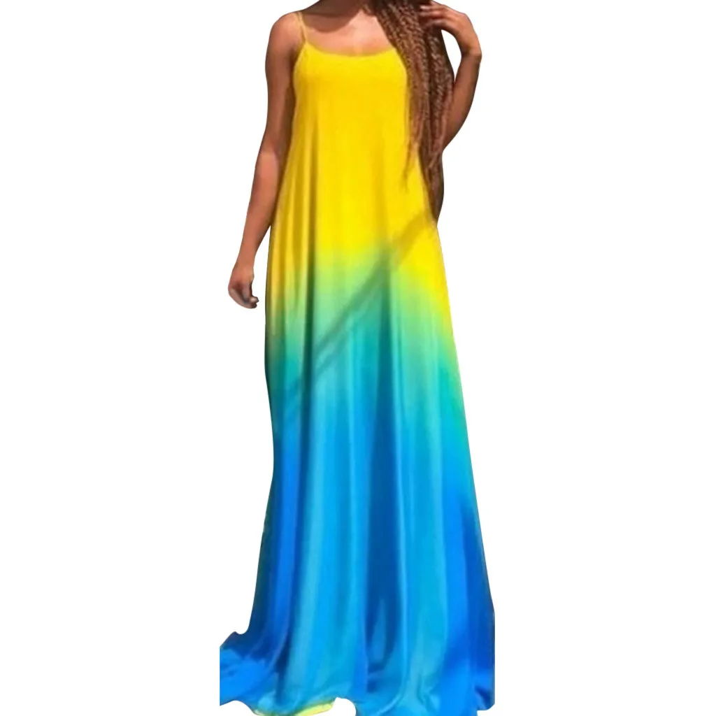 

JAYCOSIN dress Women's Summer Sexy Sling Plus size O-Neck Gradient Color long Dress Sleeveless Printing Slim Spaghetti Strap 506