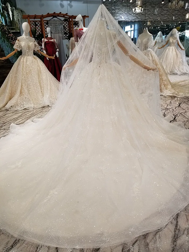 AXJFU Роскошные принцесса белый кружево свадебное платье с круглым вырезом Иллюзия бисер цветок белый свадебное платье из тюля 100% настоящая