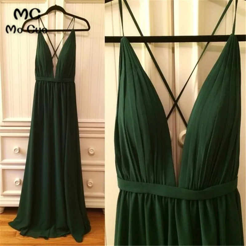 

Dark Green Prom Wedding Party Dress Deep V-Neck Maid of Honor vestido longo de festa Backless Chiffon Prom Bridesmaid Dresses