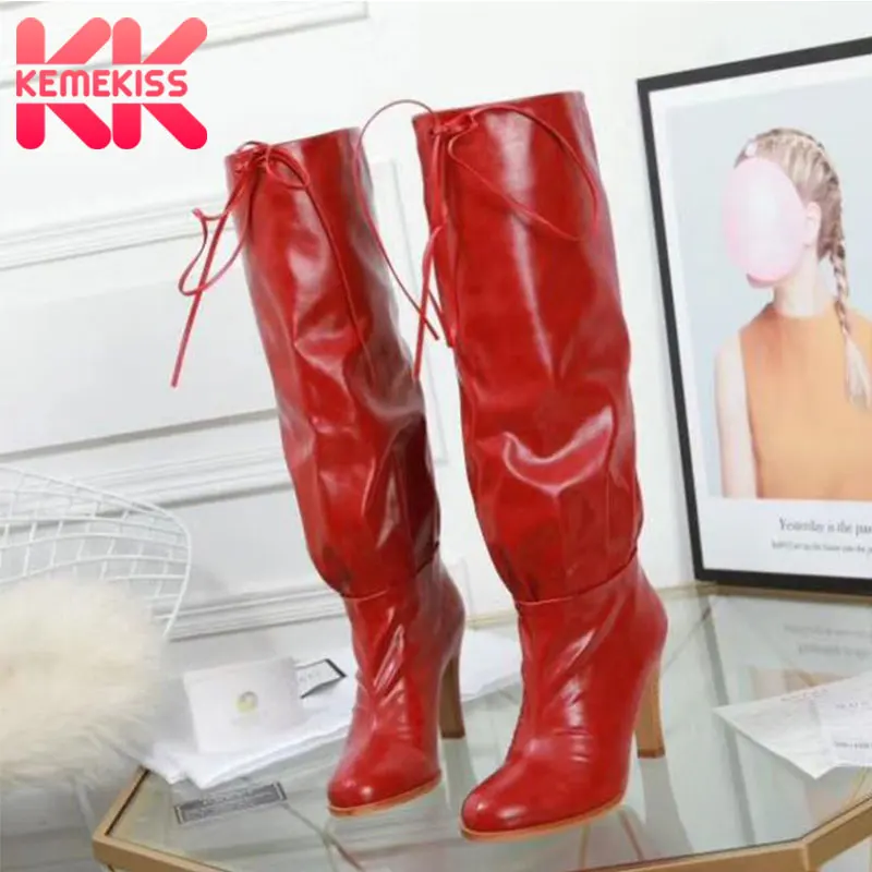 

KemeKiss Sexy Women Boots Lace Up Print Warm Shoes Women Knee High Boots High Quality Party High Heels Boots Size 34-48