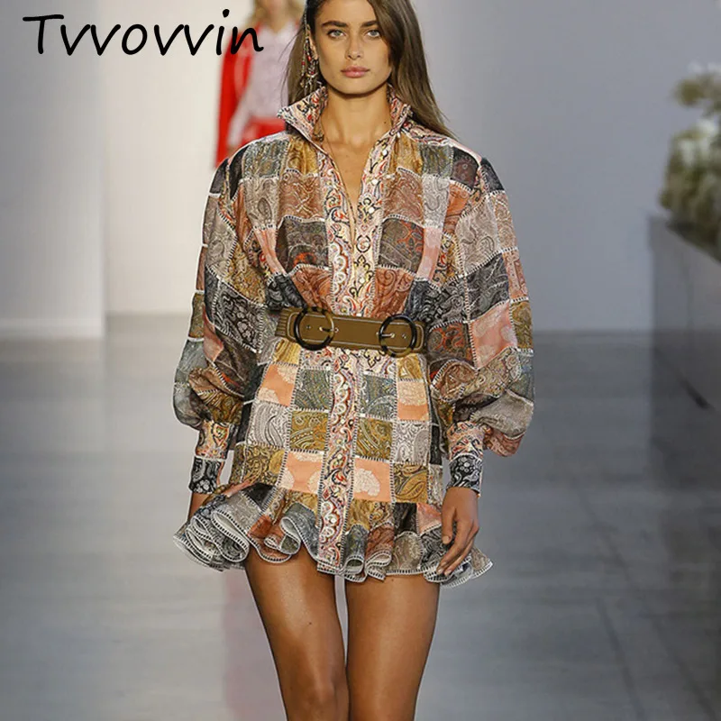 

2019 Brand New Women Plaid Pattern Print Elegant Vintage Dress Womens Lantern Sleeve Designer Runway Shirt Dress Vestidos V724
