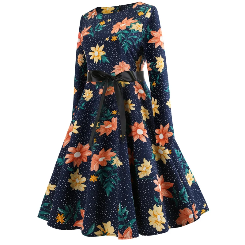 Kostlich Summer Newest Hepburn Vintage Dress Women Big Swing Dress Casual O-Neck Half Sleeve Patchwork Floral Print Dresses  (12)