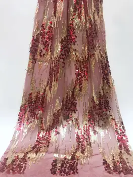 

2019 Hot Sale Wine Red Gold Line Embroidered African Lace Fabric High Quality With Sequins French Net Guipure Lace Fabrics