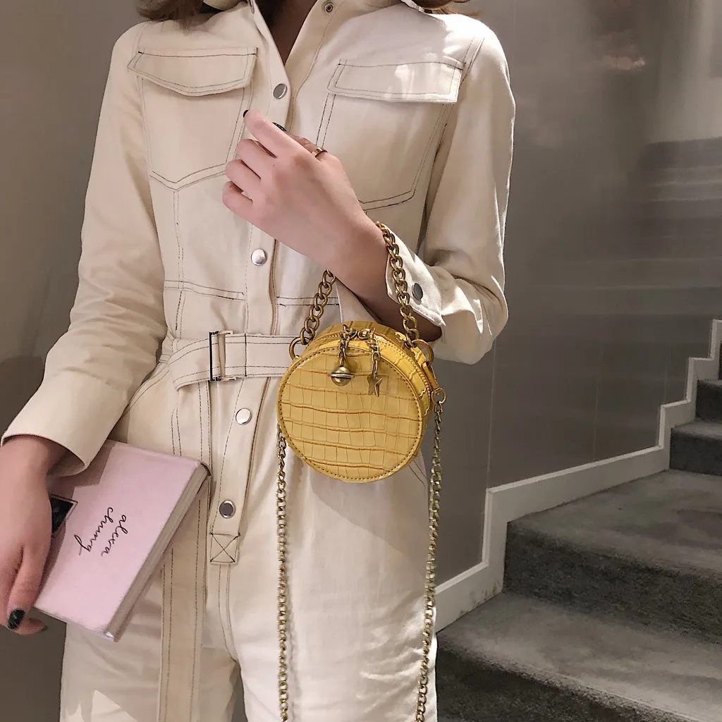 

Women Bags 2019 Fashion PU Leather Handbags Alligator Leather Crossbody Messenger Bags Solid Color Chain Small Round Handle Bag