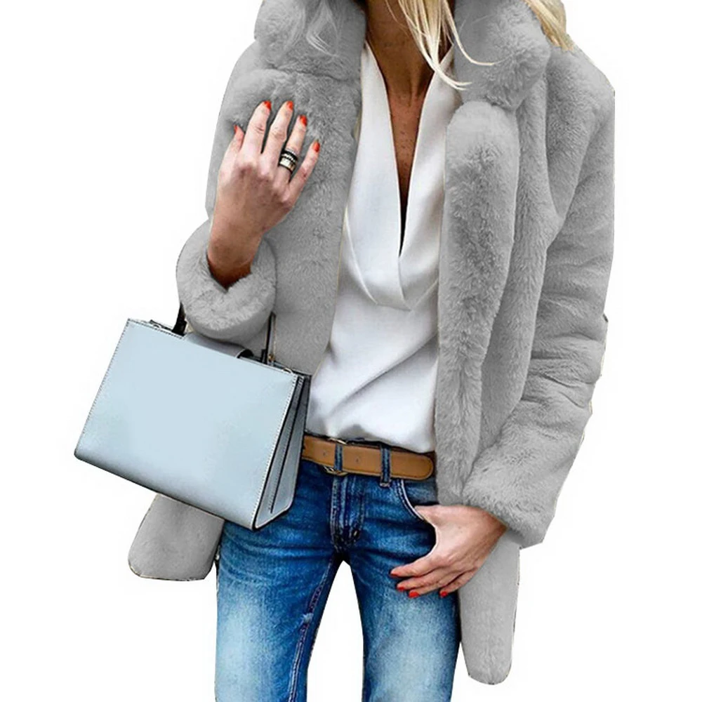 CALOFE Casual Long Faux Fur Cardigans Coat Thick Warm Winter Fluffy Long Sleeve Artificial Fur Jacket Female Outwear Slim Coat - Цвет: light gray