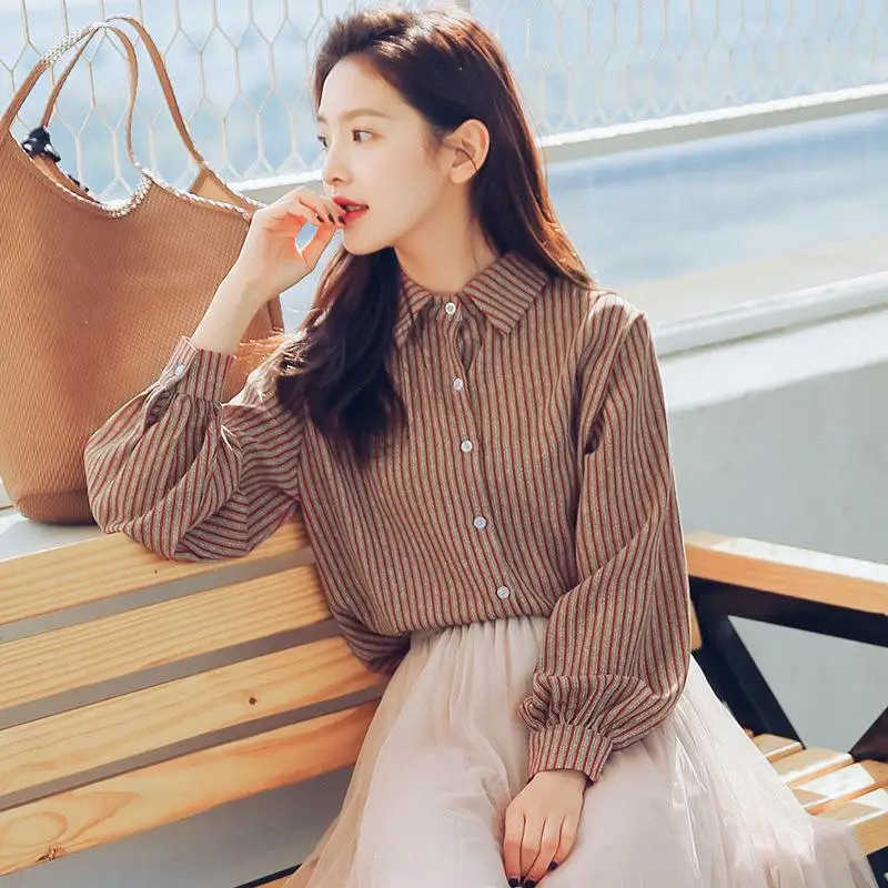 Women Striped Chiffon Blouses Woman Tops New Arrival 2019 Office Lady Chiffon Button Turn-down Blouse Women Blouses