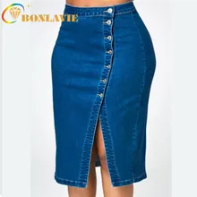 Женские джинсовые юбки облегающего фасона, большие размеры, длина до колена, однотонный цвет, темно-синий, Офисная Женская юбка, натуральная Талия, украшение на пуговицах