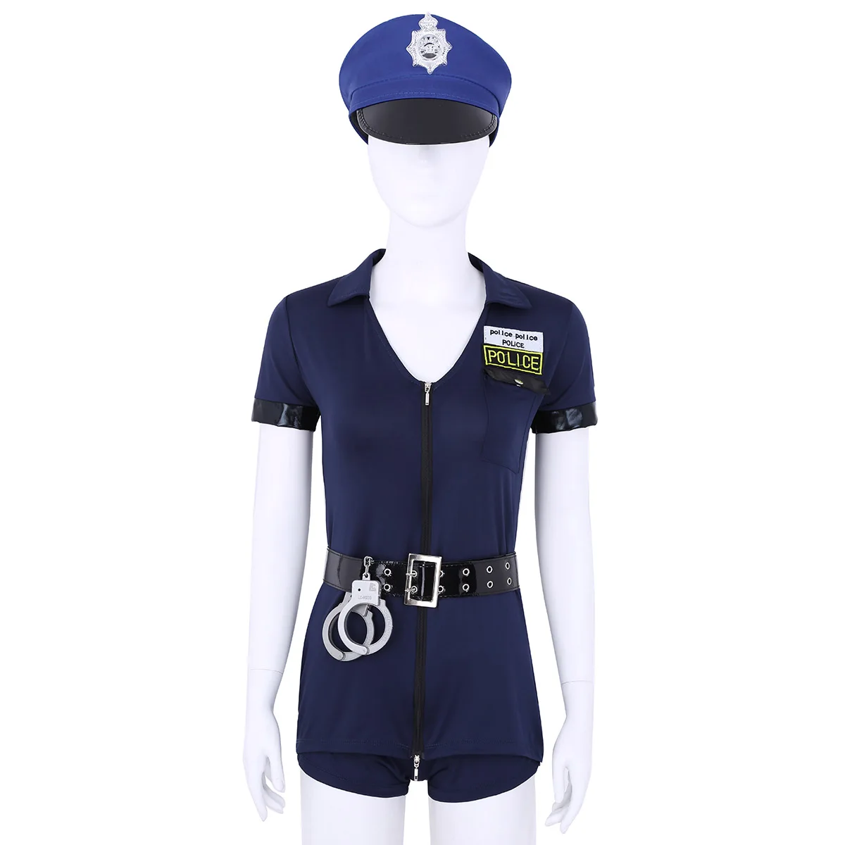 Women's Police Officer Cosplay Costume - Sexy V-Neck Short Sleeve Dress with Built-in Shorts, Handcuffs, Belt, and Hat image 6