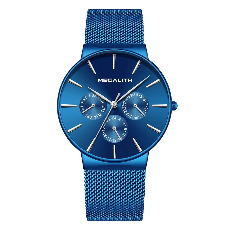 MEGALITH мужские часы с хронографом Новое Поступление Топ бренд класса люкс сетчатый ремешок спортивные водонепроницаемые кварцевые часы для мужчин Reloj Hombre 0047 - Цвет: blue mesh