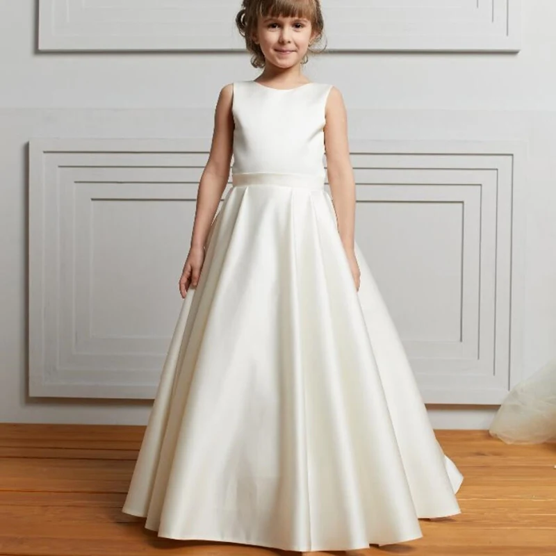 

Simple Elegant Gold Satin Bow Decoration Sleeveless Birthday Dress For Wedding Party Prom Holy Communion Dresses