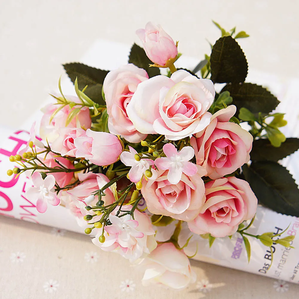 13 голов шелковые розы Букет невесты свадебное Рождественское украшение для дома ваза декоративный цветочный горшок Искусственные Цветы Скрапбукинг - Цвет: pink