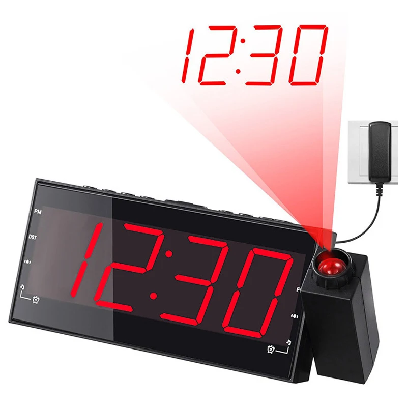 

12 Hours Large Number Desktop Clock ,Always on Projector Digital Snooze Alarm Clocks Easy To Read With /AC / USB Power
